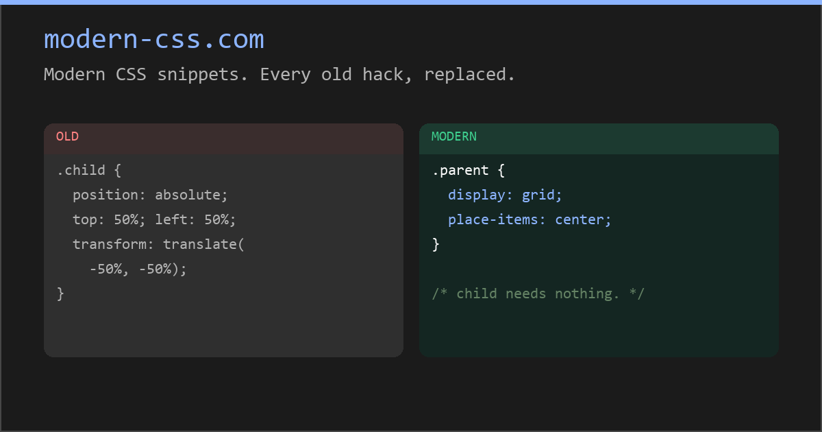 modern-css.com — Modern CSS snippets. Every old hack, replaced.