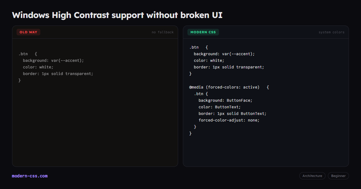 CSS forced-colors media query for Windows High Contrast